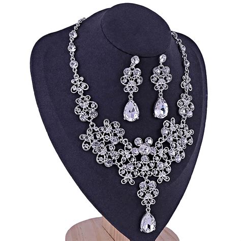 Buy Elegant Wedding Bridal Jewelry Sets Silver Clear Floral Crystal Rhinestone