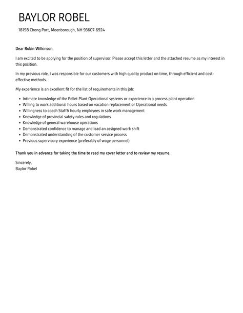 Supervisor Cover Letter Velvet Jobs