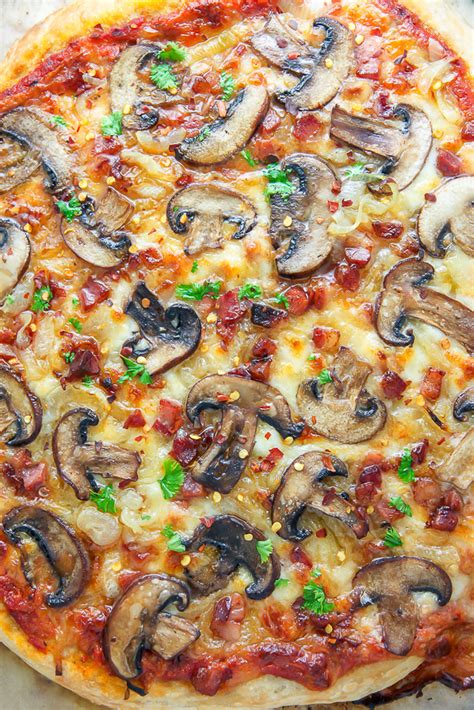 Mushroom Pizza With Pancetta And Caramelized Onions Baker By Nature