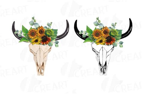 Bull Skull With Sunflowers Clipart Tribal Floral Bull Skull