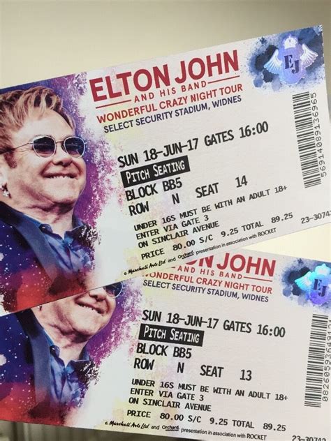 2 X Elton John Tickets At Select Stadium Widnes Sunday 18th June 2017