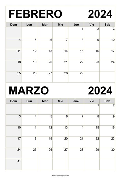 Calendario Febrero Marzo 2024