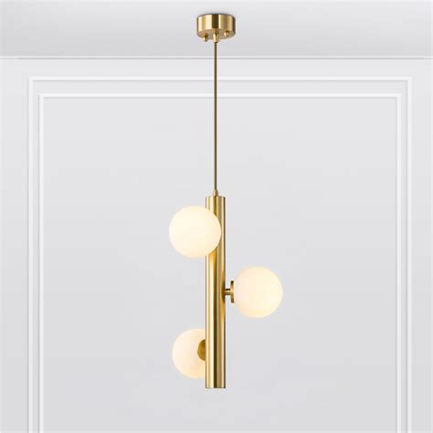 Mid Century Modern 3 Light Brass Vertical Pendant Light With Opal Globes Pendants