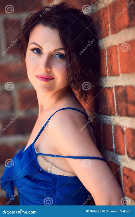 Portrait Of Blue Eyed Brunette Stock Photo Image Of Wall Beautiful