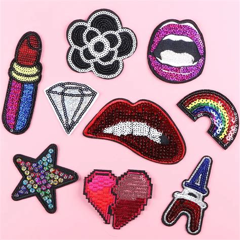 1 Pcslot Brand Patch Lip Heart Flower Shine Sequin Patches Iron On