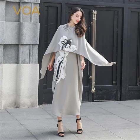 Voa Grey Cloak Sleeve Chinese 3d Embroidery Dress Vintage 100 Silk Cape Long Dresses Women