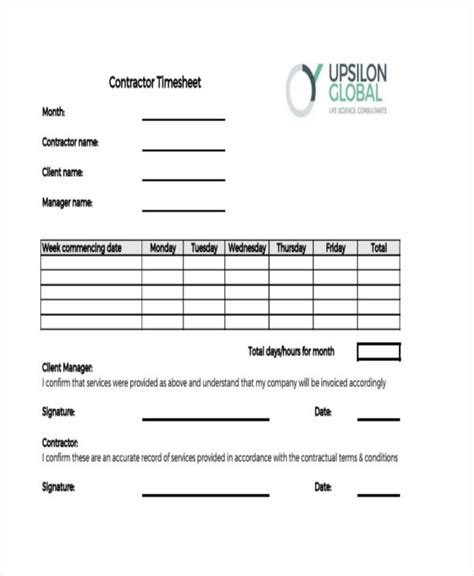 Contractor Timesheet Free Sample Example And Format Templates