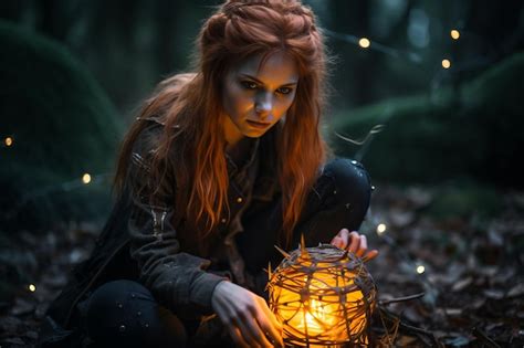 Premium Ai Image A Woman With Red Hair Holding A Lantern In The Woods