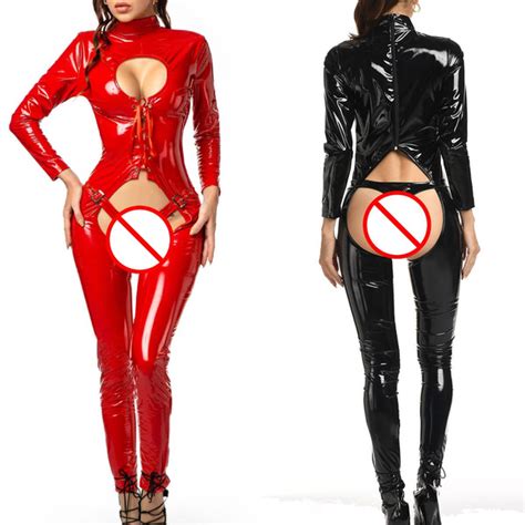 Women Faux Leather Catsuit Kunstleder Tanga With Thong Open Bust Wet Look Pvc Leather Bodysuit