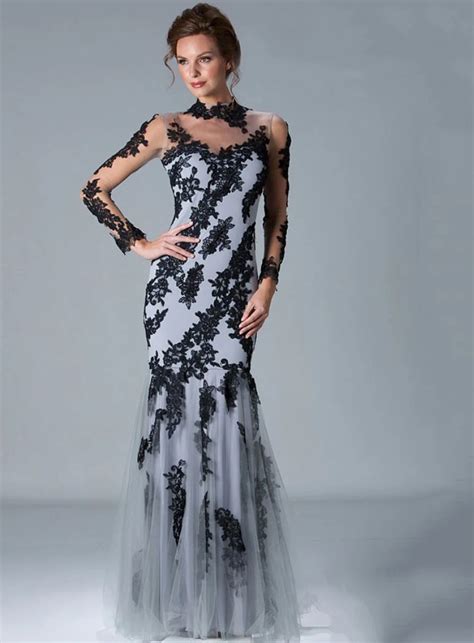 Sexy Sheer Long Sleeve Lace Mermaid Evening Dresses With Black Appliqued Grey Tulle Long Formal