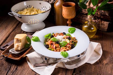 Ribbon Pasta With Zucchini And Olives In Tomato Sauce Stock Photo
