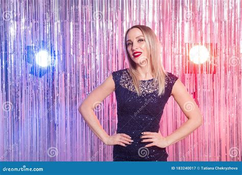 Beautiful Blonde Woman In The Disco Club Party Holidays And Celebration Concept Stock Image