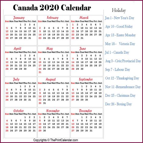 Calendar 2020 Canada Canada 2020 Yearly Printable Calendar
