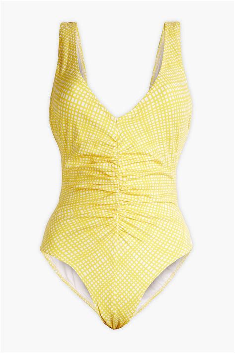 Buy Solid And Striped The Lucia Ruched Gingham Swimsuit Xs Yellow At 69