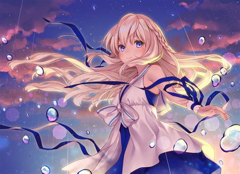 Download 1600x2560 Anime Girl Blonde Long Hair Dress Raining