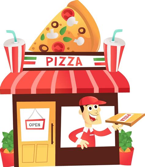Cartoon Pizza Shop With Delivery Man At The Window 2004165 Vector Art