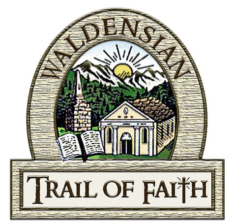 The Trail Of Faith Logo With Mountains And Trees In The Backgrouds