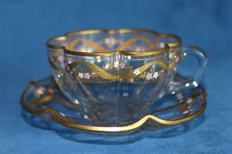 Beautiful Antique Moser Bohemian Glass Pink White Gold Enamel Cup And Saucer Bohemian Glass
