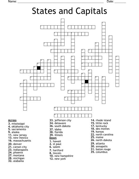 States And Capitals Crossword Puzzle