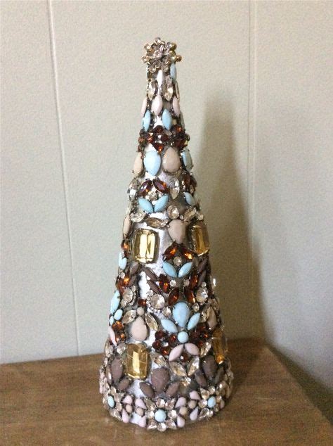 Christmas Tree Made From Costume Jewelry Glued To Paper Mache Cone