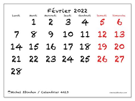 Calendriers Février 2022 à Imprimer Michel Zbinden Fr