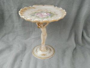Vintage Art Nouveau Pink Milk Glass Nude Lady Pedestal Shell Plate