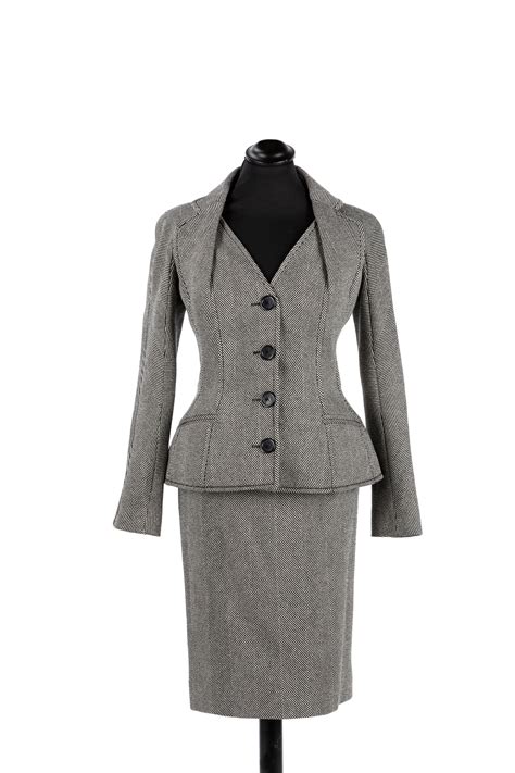 Christian Dior Black And White Herringbone Wool Jacket With Skirt Suit Luxury Fashion