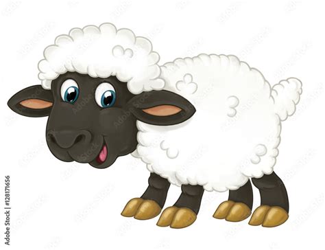 Cartoon Happy Sheep Is Standing Looking And Smiling Artistic Style