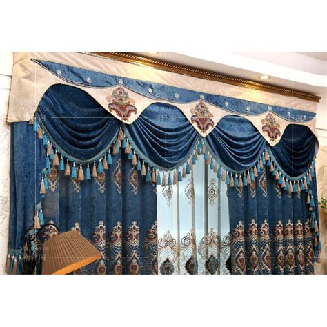 Mrtrees room darkening curtains greyish white 45 inches long kitchen tiers short bedroom curtain panels triple weave living. Blue Damask Embroidery Chenille Thermal Valance Curtains ...