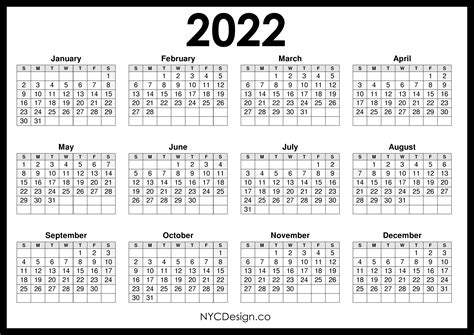 2022 Calendar Printable Free Horizontal Black Hd Sunday Start