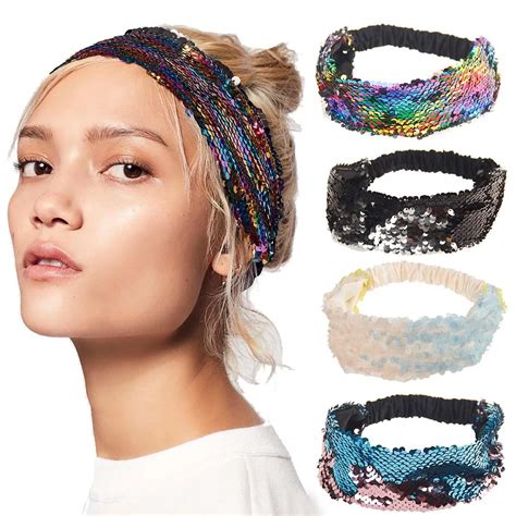 Women Rainbow Reversible Sequins Headband For Dance Party Lady Shiny