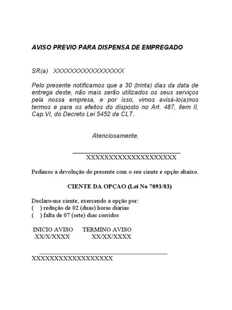 Modelo Aviso Dispensa De Empregado