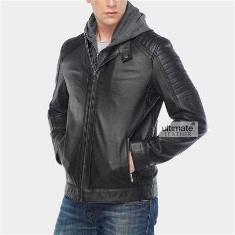 Mens Hooded Black Quilted Shoulder Lambskin Leather Jacket