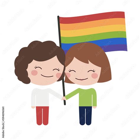 Pareja Feliz De Mujeres Lesbianas De La Mano Con La Bandera Lgbt De Colores En El Día