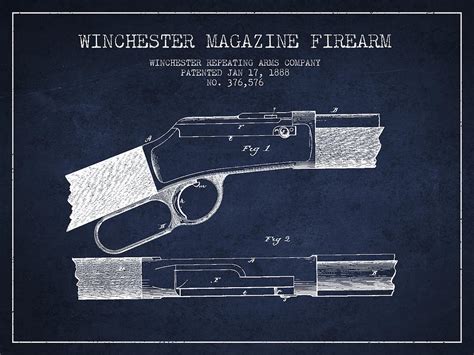 Winchester Firearm Patent Drawing From 1888 Navy Blue Digital Art By