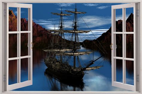 3d Window View Pirate Schooner Ship Wall Decal Sticker Frame Mural