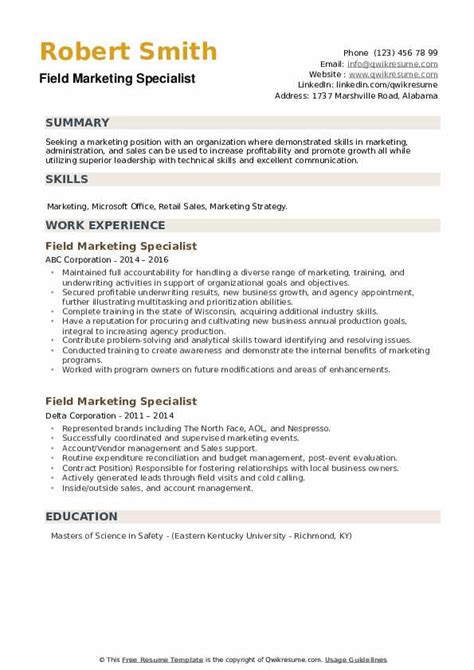 Field Marketing Specialist Resume Samples Qwikresume