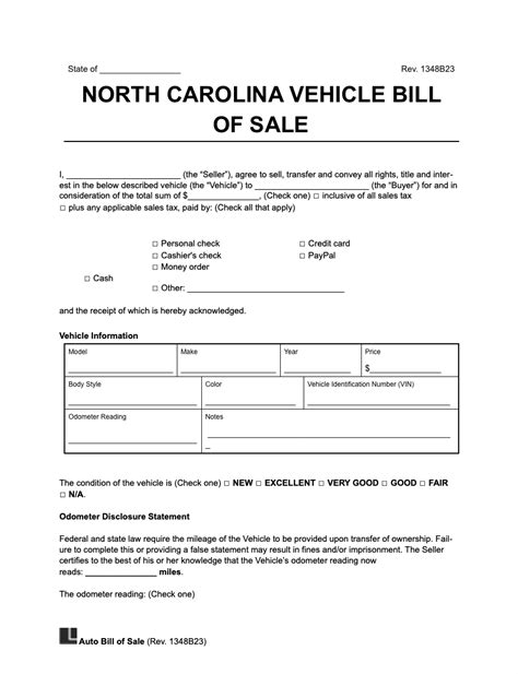Free North Carolina Motor Vehicle Bill Of Sale Form Legal Templates