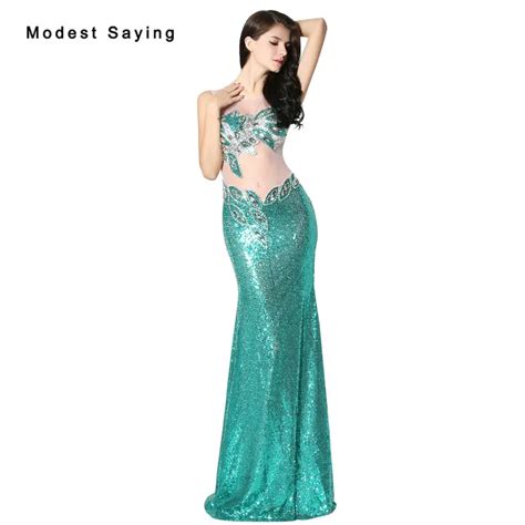 2018 new collection turquoise mermaid evening dresses with rhinestone sexy see through party
