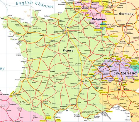 Detailed Road Map Of France And Switzerland France And Switzerland