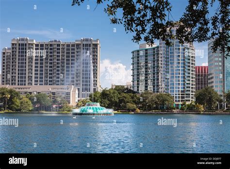 High Rise Buildings Behind The Fountain At Lake Eola In Downtown