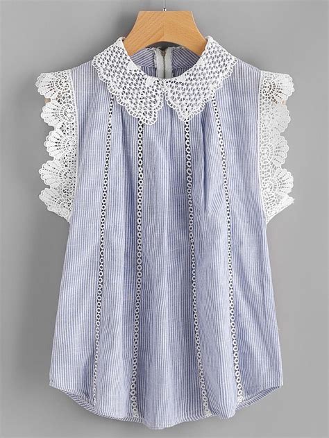 Contrast Scallop Lace Trim Pinstripe Blouse Blouse Tops Designs