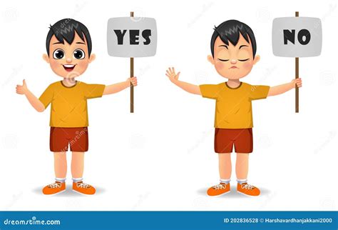 Cute Boy Saying Yes And No With Sign Stock Illustration Illustration