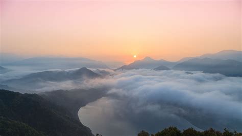 Nature Landscape Sunrise Clouds Mountain Lake Mist