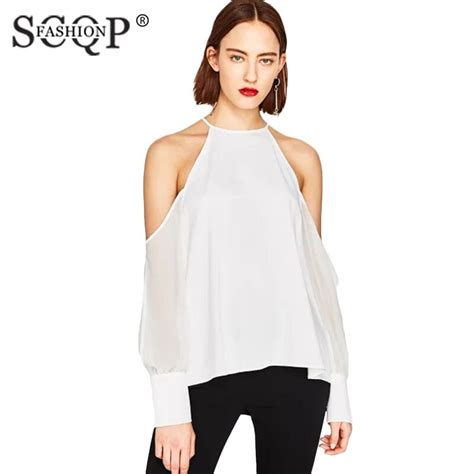 Scqp Fashion Hollow Solid White Cold Shoulder Tops Lady Long Sleeve