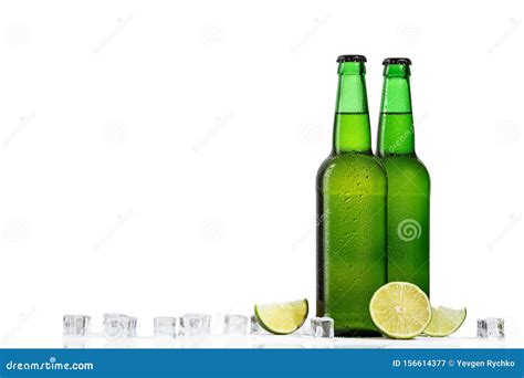 Green Bottle Of Beer And Ice Cubes Stock Image Image Of Fruit Juice