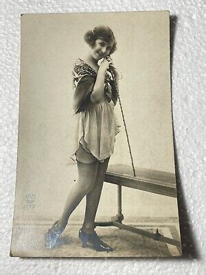 French Nude Woman Flapper Girl Cane Real Photo Postcard Pc Paris