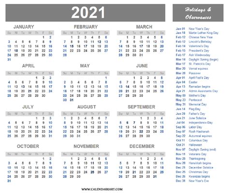 2021 Calendar With Federal Holidays Printable Free Free 2021 Yearly