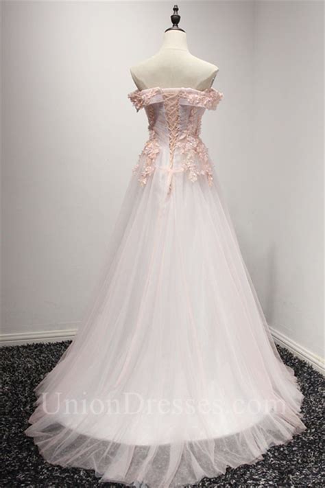 princess a line off the shoulder blush pink tulle lace prom dress corset back
