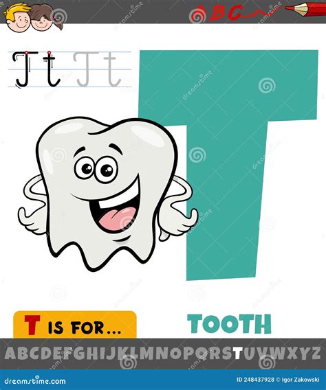 Letter T From Alphabet With Cartoon Tooth Character Stock Vector